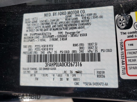 2012 Ford Fusion SEL with VIN 3FAHP0JA0CR267316, listed as a Copart auction lot 50724505 with 177,117 mi miles and Salvage Title. Bid and sale history available at DreamBid. Image 12.