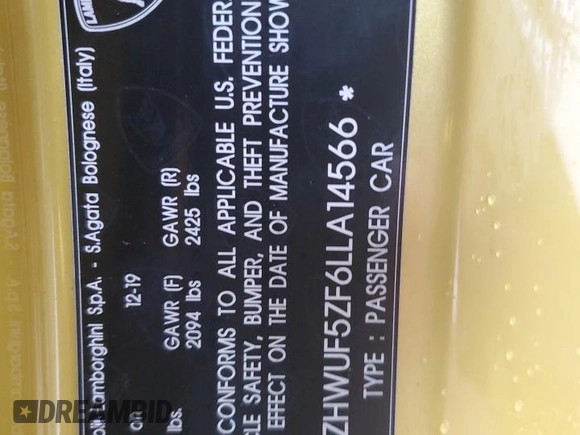 2020 Lamborghini Huracan с VIN ZHWUF5ZF6LLA14566, выставлен на аукционе Copart как лот 84107514 с пробегом 10 503 миль миль и Списание • Salvage title. История ставок и продаж доступна на DreamBid. Изображение 14.