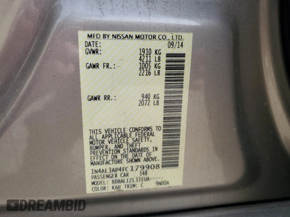 2015 Nissan Altima SL z VIN 1N4AL3AP4FC179908, wystawiony jako Copart lot #42315425 z przebiegiem 69 151 mil mil oraz Szkoda całkowita • Salvage title. Historia ofert i sprzedaży dostępna na DreamBid. Obrazek 13.