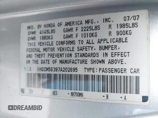 2007 Honda Accord LX SE с VIN 1HGCM56397A202695, выставлен на аукционе IAAI как лот 42305465 с пробегом 215 530 миль миль и . История ставок и продаж доступна на DreamBid. Изображение 9.