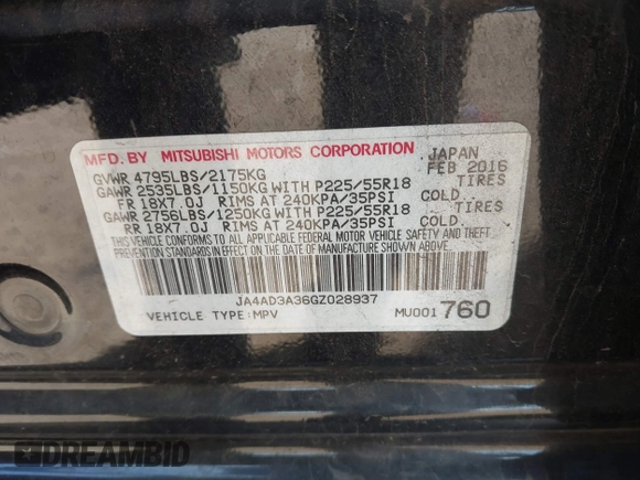 2016 Mitsubishi Outlander SE with VIN JA4AD3A36GZ028937, listed as a IAAI auction lot 42398031 with 94,559 mi miles and . Bid and sale history available at DreamBid. Image 9.
