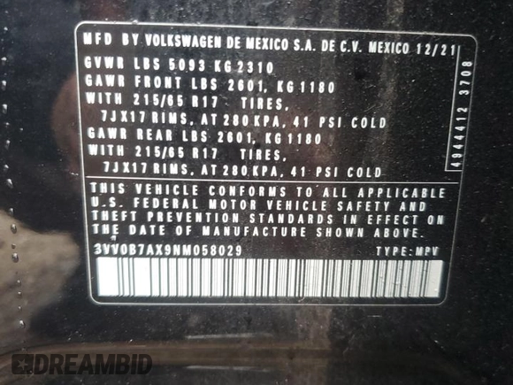 2022 Volkswagen Tiguan S z VIN 3VV0B7AX9NM058029, wystawiony jako Copart lot #57146035 z przebiegiem 40 070 mil mil oraz Szkoda całkowita • Salvage title. Historia ofert i sprzedaży dostępna na DreamBid. Obrazek 12.