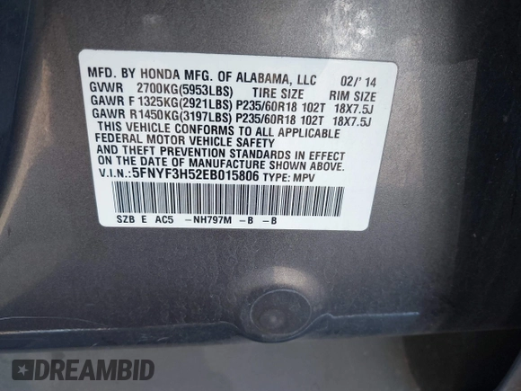 2014 Honda Pilot EX-L with VIN 5FNYF3H52EB015806, listed as a IAAI auction lot 41676586 with 193,215 mi miles and . Bid and sale history available at carsss.com. Image 9.