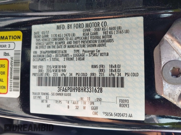 2017 Ford Fusion SE with VIN 3FA6P0H98HR331628, listed as a IAAI auction lot 42730977 with 47,248 mi miles and . Bid and sale history available at DreamBid. Image 9.