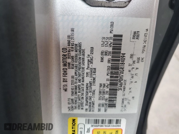 2016 Ford Fusion SE z VIN 3FA6P0H7XGR184094, wystawiony jako Copart lot #59615465 z przebiegiem 127 370 mil mil oraz Nie do naprawy • Non repairable. Historia ofert i sprzedaży dostępna na DreamBid. Obrazek 12.