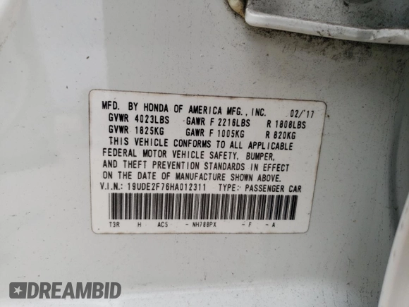 2017 Acura ILX Premium with VIN 19UDE2F76HA012311, listed as a Copart auction lot 58770375 with Not provided miles and Salvage title. Bid and sale history available at DreamBid. Image 12.