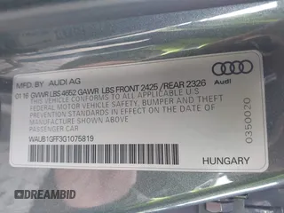 2016 Audi S3 Premium Plus with VIN WAUB1GFF3G1075819, listed as a IAAI auction lot 41943074 with 116,643 mi miles. Bid and sale history available at carsss.com. Image 9.
