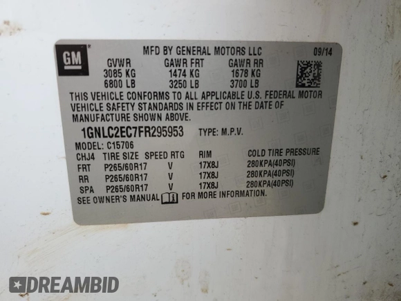 2015 Chevrolet Tahoe Commercial with VIN 1GNLC2EC7FR295953, listed as a Copart auction lot 49528715 with 222,106 mi miles and Clean title. Bid and sale history available at DreamBid. Image 13.