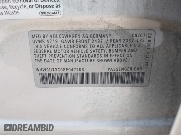 2008 Volkswagen Passat 3.6L V6 z VIN WVWCU73C08P047208, wystawiony jako IAAI lot #42022087 z przebiegiem 241 922 mil mil oraz . Historia ofert i sprzedaży dostępna na DreamBid. Obrazek 9.