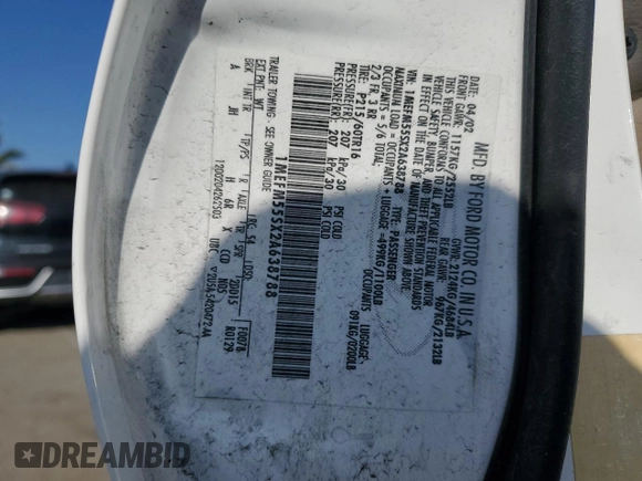 2002 Mercury Sable LS Premium with VIN 1MEFM55SX2A638788, listed as a Copart auction lot 46373915 with 155,200 mi miles and Salvage Title. Bid and sale history available at DreamBid. Image 12.