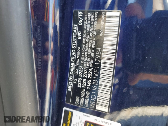 2019 Mercedes-Benz E-Class E 450 with VIN WDD1J6JB1KF117984, listed as a Copart auction lot 66508504 with 21,568 mi miles and Salvage Title. Bid and sale history available at carsss.com. Image 12.