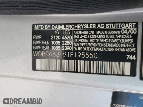 2001 Mercedes-Benz SL 500 with VIN WDBFA68F91F195550, listed as a Copart auction lot 73820644 with Not provided miles and Salvage title. Bid and sale history available at DreamBid. Image 13.