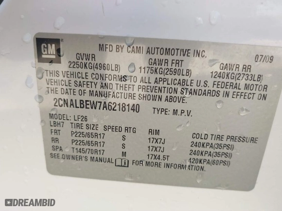 2010 Chevrolet Equinox LS with VIN 2CNALBEW7A6218140, listed as a IAAI auction lot 41809510 with 132,919 mi miles. Bid and sale history available at carsss.com. Image 9.