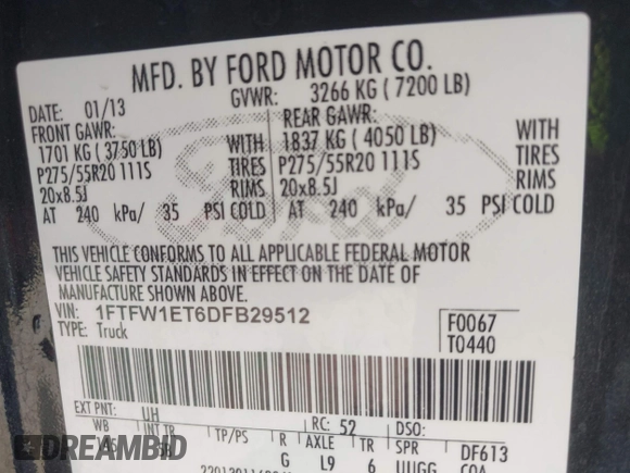 2013 Ford F-150 XL with VIN 1FTFW1ET6DFB29512, listed as a IAAI auction lot 41987214 with 184,991 mi miles. Bid and sale history available at carsss.com. Image 9.