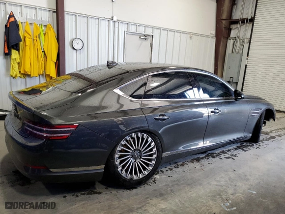 2023 Genesis Electrified G80 with VIN KMTGE4S17PU006914, listed as a Copart auction lot 61282854 with 13,896 mi miles and Non Repairable. Bid and sale history available at carsss.com. Image 3.
