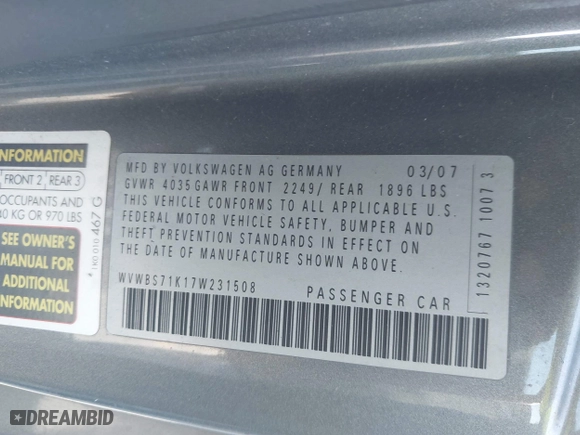 2007 Volkswagen Rabbit with VIN WVWBS71K17W231508, listed as a IAAI auction lot 41323850 with 176,544 mi miles. Bid and sale history available at carsss.com. Image 9.