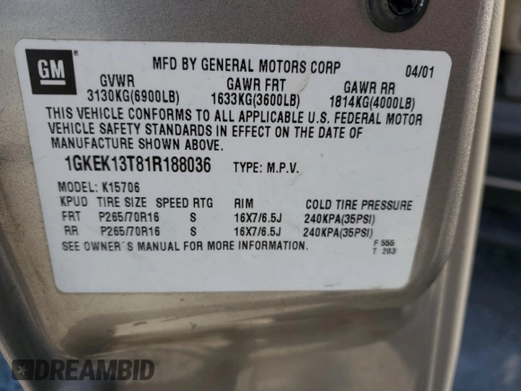 2001 GMC Yukon SLT with VIN 1GKEK13T81R188036, listed as a Copart auction lot 52413785 with 146,004 mi miles and Clean Title. Bid and sale history available at carsss.com. Image 13.