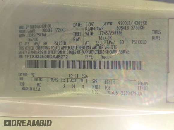 2008 Ford Econoline Cargo Commercial with VIN 1FTSS34L08DA48272, listed as a IAAI auction lot 41405227 with Not provided miles and . Bid and sale history available at DreamBid. Image 9.