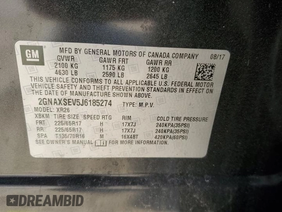2018 Chevrolet Equinox LT with VIN 2GNAXSEV5J6185274, listed as a Copart auction lot 49401375 with 65,669 mi miles and Salvage Title. Bid and sale history available at carsss.com. Image 15.
