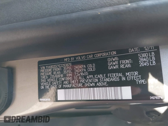 2012 Volvo XC60 3.0L с VIN YV4902DZ1C2293876, выставлен на аукционе IAAI как лот 41415355 с пробегом 48 620 миль миль и . История ставок и продаж доступна на DreamBid. Изображение 9.