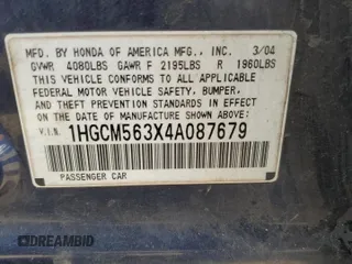 2004 Honda Accord LX with VIN 1HGCM563X4A087679, listed as a Copart auction lot 62972585 with 223,588 mi miles and Clean title. Bid and sale history available at DreamBid. Image 12.