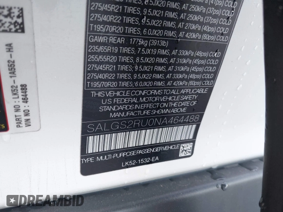 2022 Land Rover Range Rover Westminster z VIN SALGS2RU0NA464488, wystawiony jako IAAI lot #41808857 z przebiegiem 46 031 mil mil oraz . Historia ofert i sprzedaży dostępna na DreamBid. Obrazek 9.