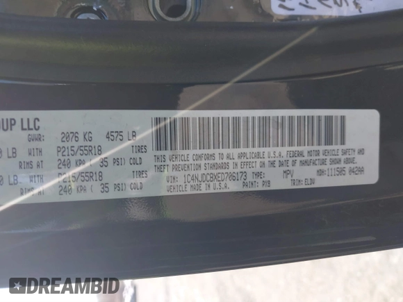 2014 Jeep Compass Limited with VIN 1C4NJDCBXED706173, listed as a IAAI auction lot 41784040 with 144,368 mi miles. Bid and sale history available at carsss.com. Image 9.