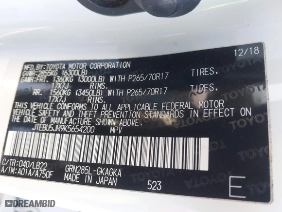 2019 Toyota 4Runner SR5 with VIN JTEBU5JR9K5654200, listed as a IAAI auction lot 41307016 with 158,643 mi miles. Bid and sale history available at carsss.com. Image 9.