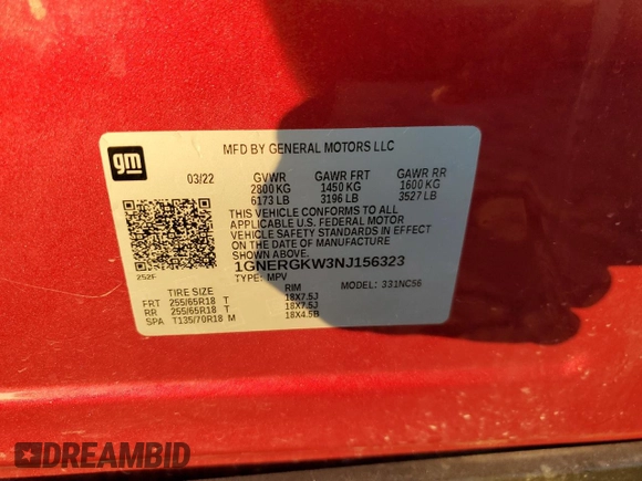 2022 Chevrolet Traverse LT Cloth with VIN 1GNERGKW3NJ156323, listed as a Copart auction lot 71925974 with Not provided miles and Non repairable. Bid and sale history available at DreamBid. Image 13.