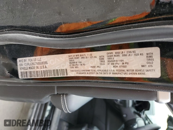2022 Jeep Grand Cherokee Limited with VIN 1C4RJGBG7N8608386, listed as a Copart auction lot 63645265 with 20,450 mi miles and Salvage title. Bid and sale history available at DreamBid. Image 13.