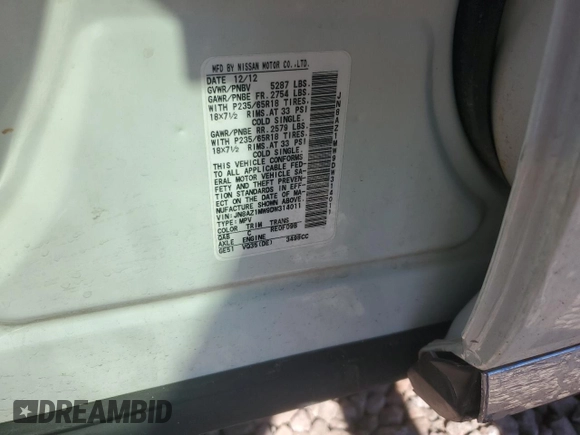 2013 Nissan Murano SL with VIN JN8AZ1MW9DW314011, listed as a Copart auction lot 71598644 with 127,370 mi miles and Salvage Title. Bid and sale history available at carsss.com. Image 14.