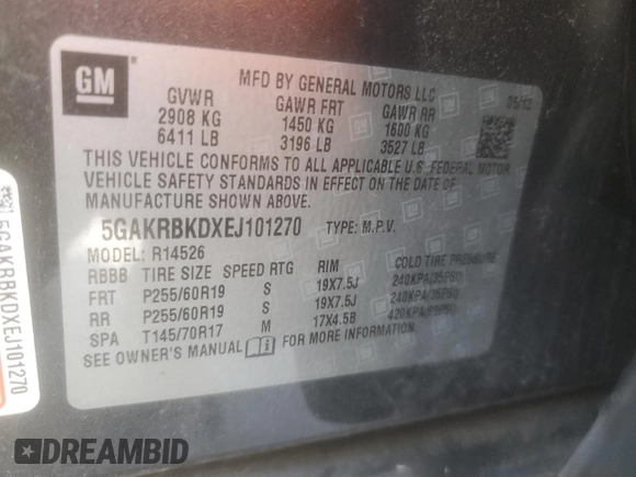 2014 Buick Enclave Leather with VIN 5GAKRBKDXEJ101270, listed as a Copart auction lot 52105975 with 107,584 mi miles and Salvage Title. Bid and sale history available at DreamBid. Image 13.