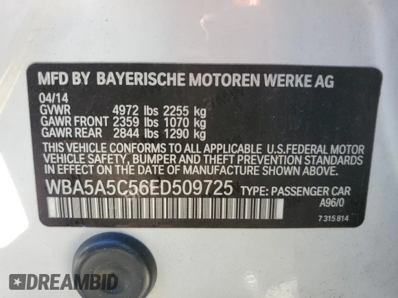 2014 BMW 5 Series 528i with VIN WBA5A5C56ED509725, listed as a Copart auction lot 47868615 with 109,344 mi miles and Salvage Title. Bid and sale history available at carsss.com. Image 15.