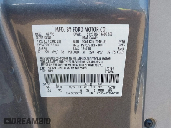 2011 Ford Escape XLT with VIN 1FMCU9DG4BKA07985, listed as a IAAI auction lot 42510948 with 125,126 mi miles and . Bid and sale history available at DreamBid. Image 9.