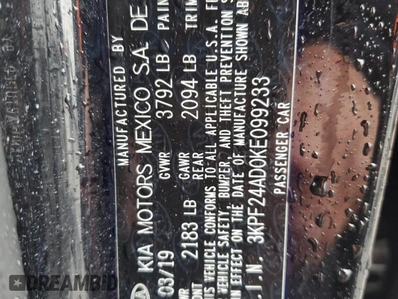 2019 Kia Forte LXS z VIN 3KPF24AD0KE099233, wystawiony jako Copart lot #58150015 z przebiegiem 54 384 mil mil oraz Szkoda całkowita • Salvage title. Historia ofert i sprzedaży dostępna na DreamBid. Obrazek 13.