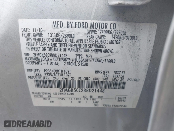 2011 Ford Flex SEL z VIN 2FMGK5CC2BBD21448, wystawiony jako IAAI lot #41814326 z przebiegiem 153 700 mil mil oraz . Historia ofert i sprzedaży dostępna na DreamBid. Obrazek 9.