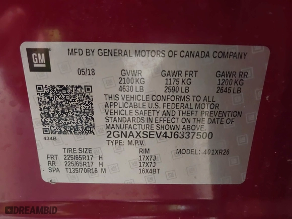 2018 Chevrolet Equinox LT with VIN 2GNAXSEV4J6337500, listed as a IAAI auction lot 41812379 with 54,726 mi miles. Bid and sale history available at carsss.com. Image 9.
