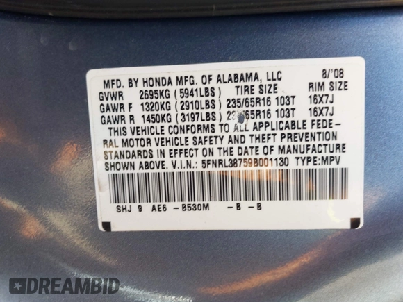 2009 Honda Odyssey EX-L with VIN 5FNRL38759B001130, listed as a IAAI auction lot 42004710 with 142,126 mi miles and . Bid and sale history available at DreamBid. Image 9.