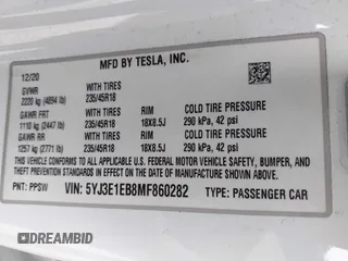 2021 Tesla Model 3 Long Range with VIN 5YJ3E1EB8MF860282, listed as a IAAI auction lot 41787008 with 49,730 mi miles and . Bid and sale history available at DreamBid. Image 9.