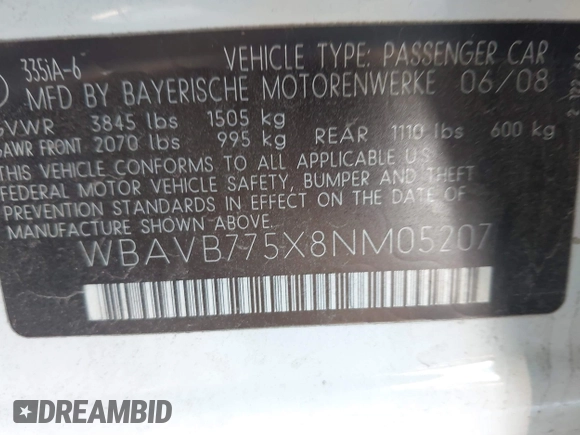 2008 BMW 3 Series 335i z VIN WBAVB775X8NM05207, wystawiony jako IAAI lot #42716561 z przebiegiem 213 753 mil mil oraz . Historia ofert i sprzedaży dostępna na DreamBid. Obrazek 9.