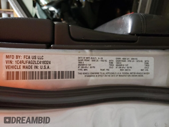 2020 Jeep Grand Cherokee North with VIN 1C4RJFAG2LC418324, listed as a Copart auction lot 58088795 with 39,077 mi miles and Salvage title. Bid and sale history available at DreamBid. Image 13.