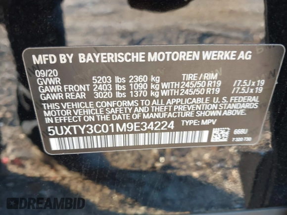 2021 BMW X3 sDrive30i z VIN 5UXTY3C01M9E34224, wystawiony jako IAAI lot #40873342 z przebiegiem 171 538 mil mil oraz . Historia ofert i sprzedaży dostępna na DreamBid. Obrazek 9.