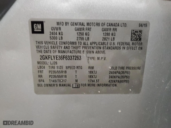 2015 GMC Terrain SLT with VIN 2GKFLYE36F6337263, listed as a Copart auction lot 42795945 with 138,450 mi miles and Salvage Title. Bid and sale history available at carsss.com. Image 13.