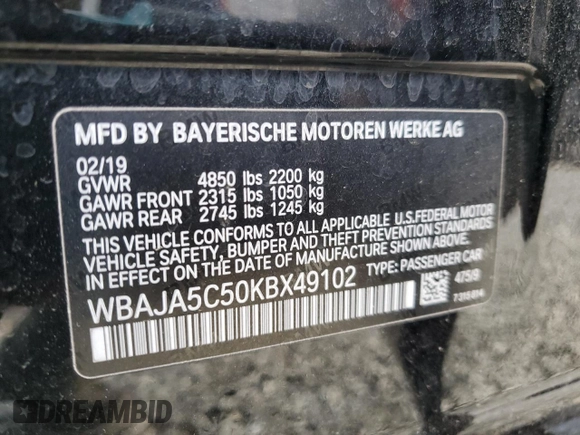2019 BMW 5 Series 530i with VIN WBAJA5C50KBX49102, listed as a Copart auction lot 50745595 with 80,410 mi miles and Salvage Title. Bid and sale history available at carsss.com. Image 12.