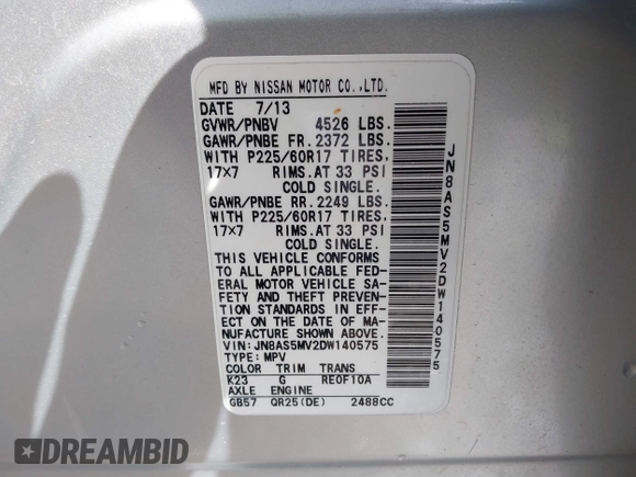2013 Nissan Rogue SL with VIN JN8AS5MV2DW140575, listed as a IAAI auction lot 41848141 with 98,909 mi miles and . Bid and sale history available at DreamBid. Image 9.