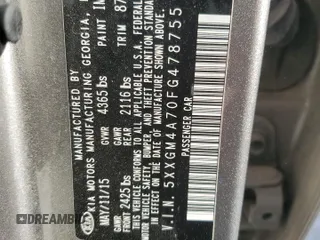 2015 Kia Optima LX with VIN 5XXGM4A70FG478755, listed as a Copart auction lot 49176165 with 158,206 mi miles and Salvage Title. Bid and sale history available at DreamBid. Image 15.