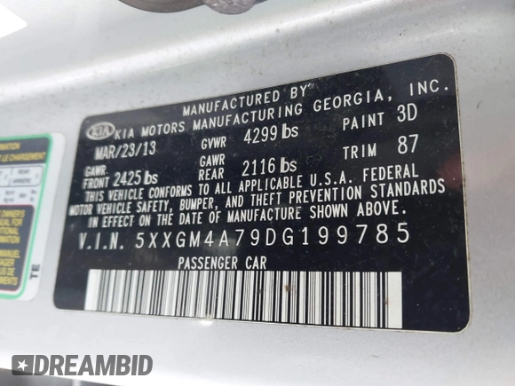 2013 Kia Optima LX with VIN 5XXGM4A79DG199785, listed as a IAAI auction lot 42015820 with 137,202 mi miles. Bid and sale history available at carsss.com. Image 9.