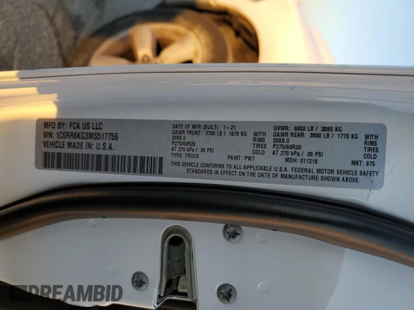 2021 Ram 1500 Tradesman с VIN 1C6RR6KG3MS517756, выставлен на аукционе Copart как лот 88138535 с пробегом 58 757 миль миль и Списание • Salvage title. История ставок и продаж доступна на DreamBid. Изображение 12.