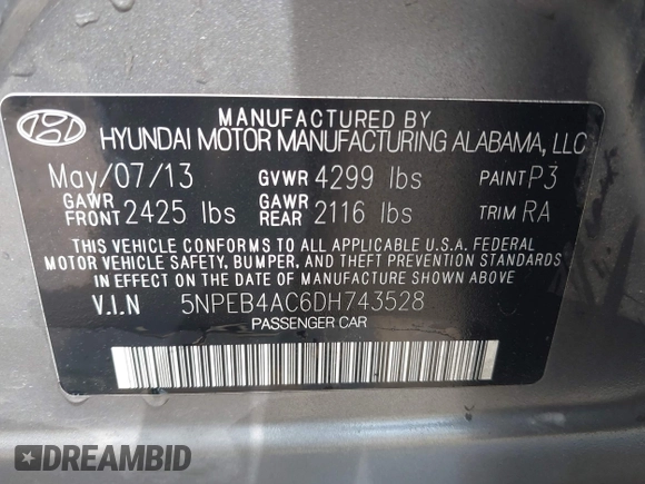 2013 Hyundai Sonata GLS with VIN 5NPEB4AC6DH743528, listed as a IAAI auction lot 42203843 with 151,427 mi miles and . Bid and sale history available at carsss.com. Image 9.