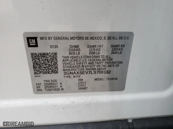 2020 Chevrolet Equinox LS with VIN 3GNAXSEV7LS700182, listed as a Copart auction lot 51627145 with 66,191 mi miles and Salvage Title. Bid and sale history available at carsss.com. Image 15.